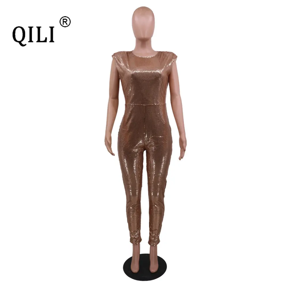 QILI-Women's Sequined Sleeveless Jumpsuit without Belt, Sexy, S-5XL, Hot Sale, New