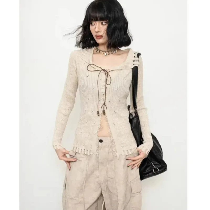 New Autumn and Winter Street Lace-up Cardigan Fashion Knitwear Long-sleeved Sweater Casual Elegant Semi-transparent Blouse