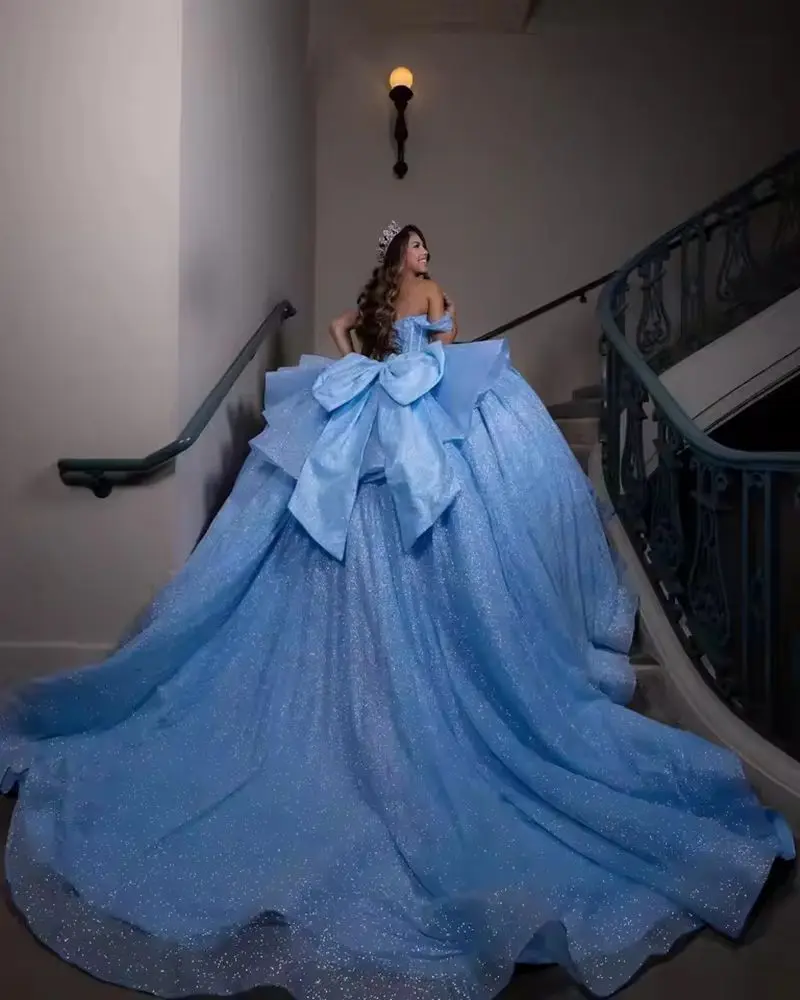 ANGELSBRIDEP Blue Glittering Ball Gown Quinceanera Dresses Vestidos De 15 Anos Beading Bow Formal Birthday Party Customized