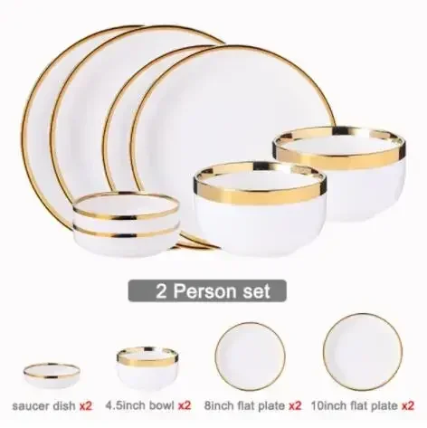 Gold Inlay Bright Porcelain White Dinner Sets Bowl Ceramic Dish Plates Dinnerware Set for Household Hotel