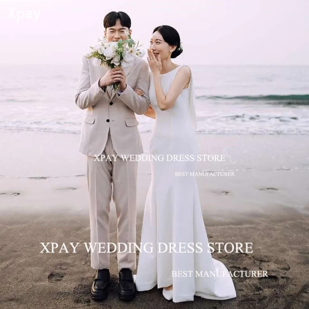 

XPAY Elegant O Neck Mermaid Korea Wedding Dresses Sleeveless Pleat Photos Shoot Floor Elastic Satin Custom Made Bride Party Gown