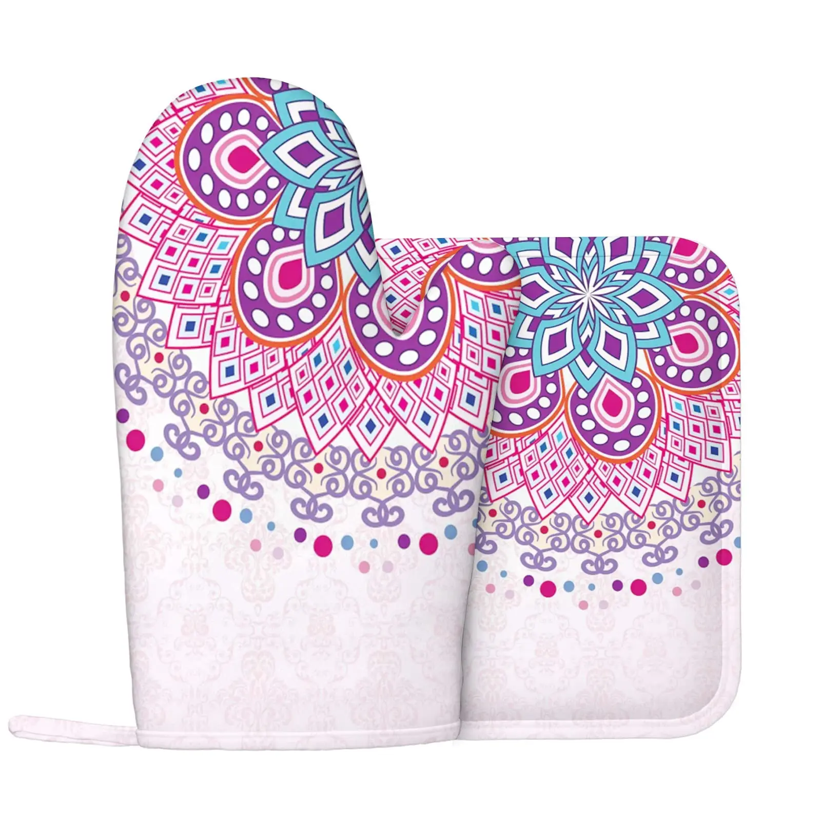 

Mandala Oven Mitts and Pot Holders Sets Bohemian Kitchen Glove Holder Heat Resistant Kitchen Mittens for BBQ Baking Grilling