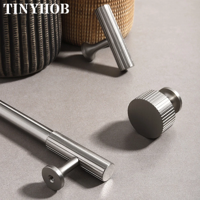 Solid Brass Cabinet Handle e Knob Cetim Níquel Recartilhado Gaveta Botões t Bar Quarto Cozinha Hardware Armário