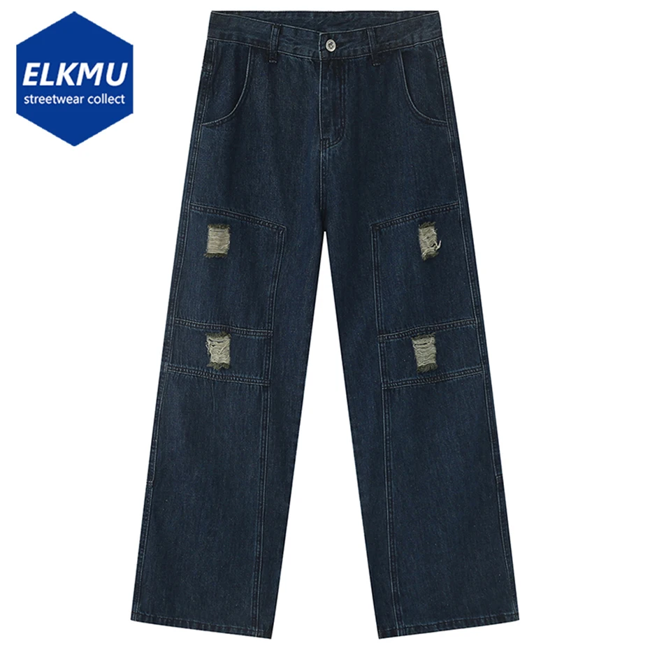 

Ripped Vintage Blue Jeans Men 2023 New Loose Straight Denim Pants Retro Baggy Jeans Trousers Man