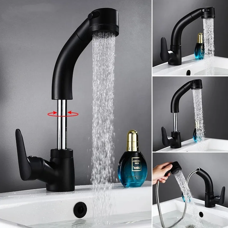 

Matte Black Bathroom Basin Faucet Pull Out Spout Rotatable Liftable Body Deck Mounted Hot and Cold Water Mixer Tap