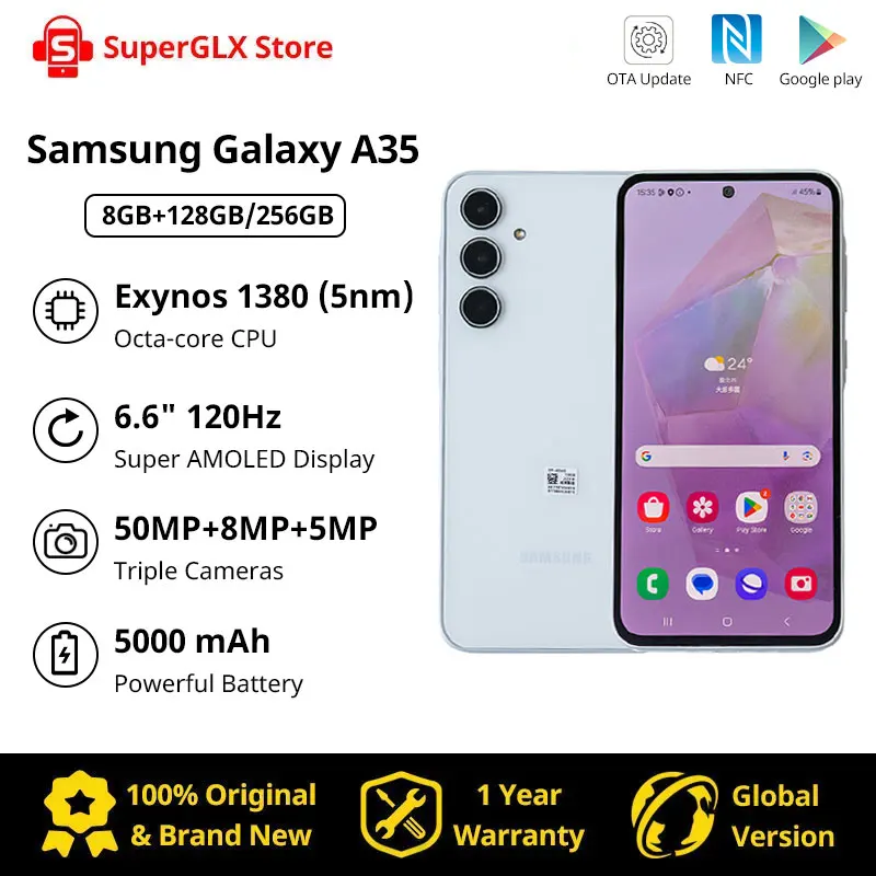 Samsung Galaxy A35 смартфон с 6,6-дюймовым дисплеем, процессором Exynos 2024, ОЗУ 128 ГБ, ПЗУ 256 ГБ, 1380 мАч Samsung Galaxy A35 смартфон с 6,6-дюймовым дисплеем, процессором Exynos 2024, ОЗУ 128 ГБ, ПЗУ 256 ГБ, 1380 мАч
