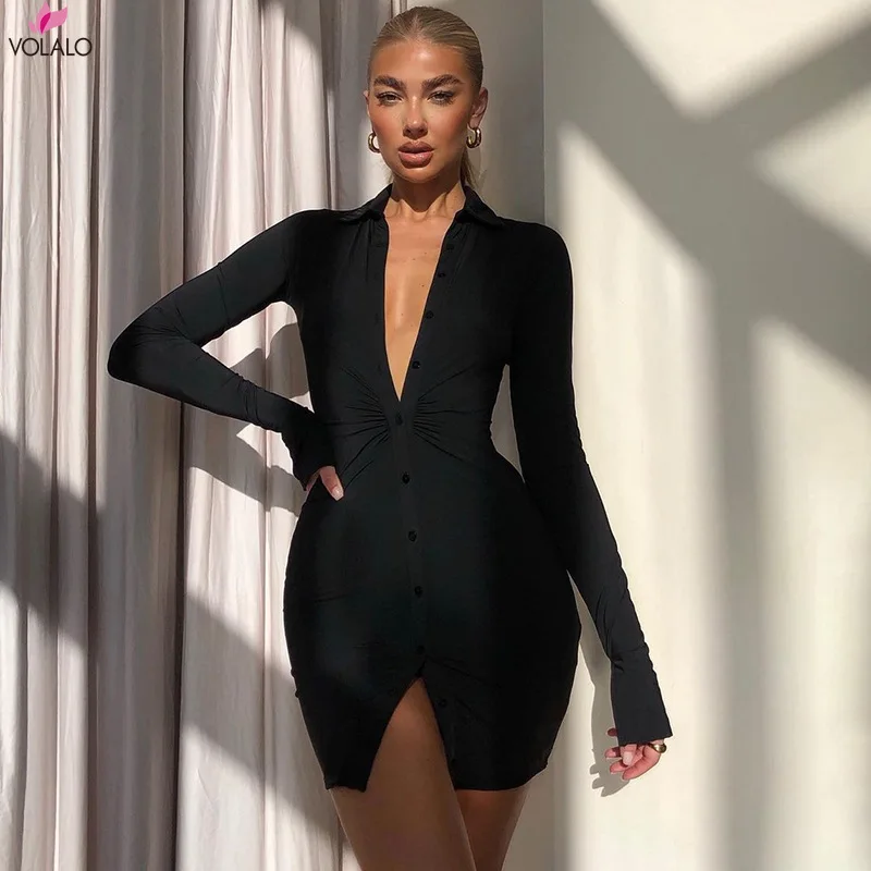 

VOLALO Fashion Print Shirts Blouse Dress Single Breasted Club Outfit for Women Fall Winter Long Sleeve Chic Mini Dresses Clothes