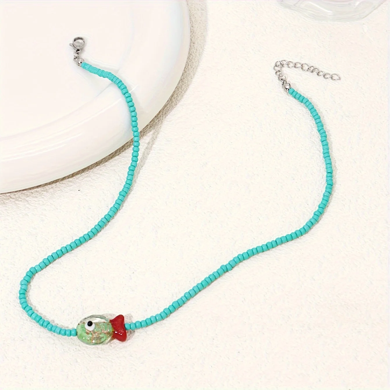 Womens Turquoise Glass Fish Pendant Necklace with Handmade Beaded Choker