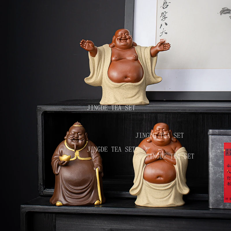 Purple Clay Tea Pet Household Wealth Attraction Maitreya Buddha Ornament Office Tea Table Handicraft Decoration Tea Playing