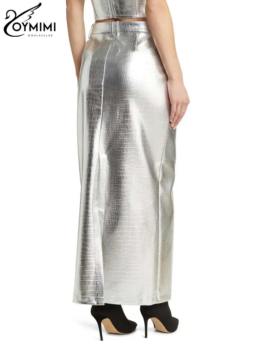 Oymimi Fashion Silver Pu Leather Skirts For Women Elegant Straight Ankle-Length Skirts Streetwear Vintage High Waist Zipper Skir