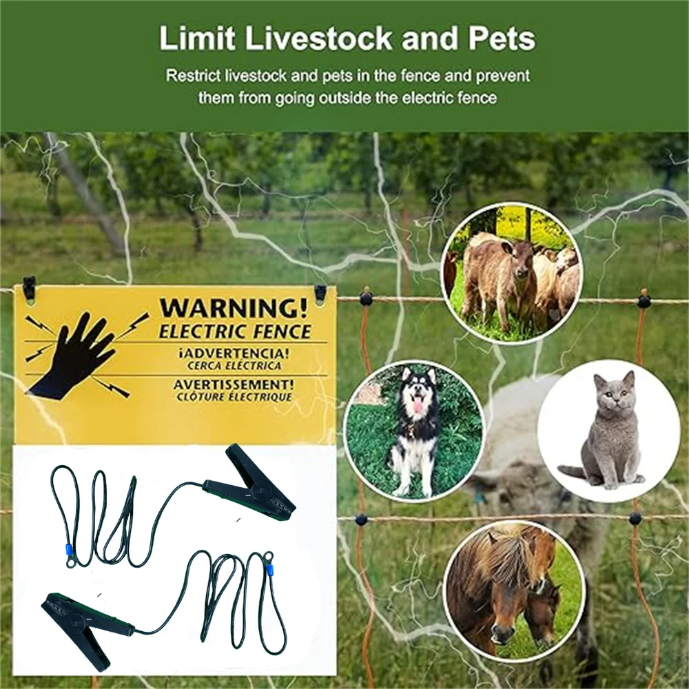 3PCS Black Electric Fence Energizer Earth Connection Leads Cables with Clip Heavy Duty w/ Crocodile Clips for Farm Animals Fence
