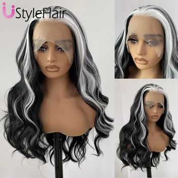 Black White Highlights Wig Long Body Wave Lace Wigs 13x4 Glueless Mix Color Synthetic Lace Front Wig Natural Hairline Daily Wear