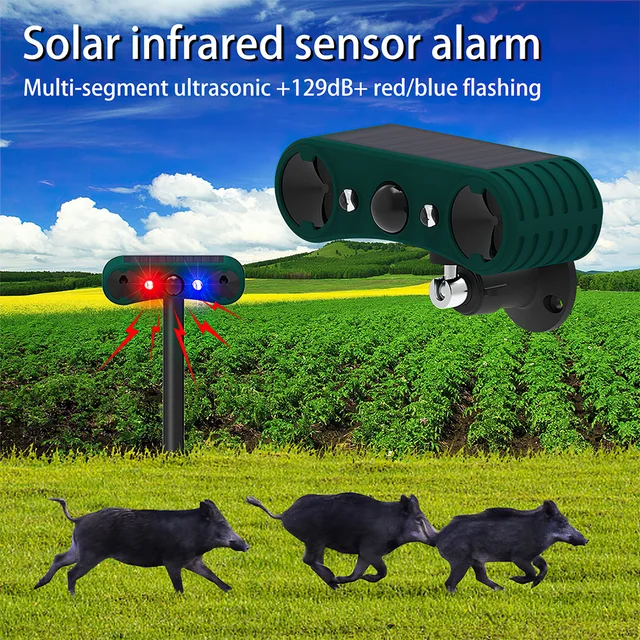 Solar Alarm Detector Infrared Motion Sensor Ultrasonic Animal Repeller Waterproof Security Alarm 129dB Sound Flashing Deterrent 2