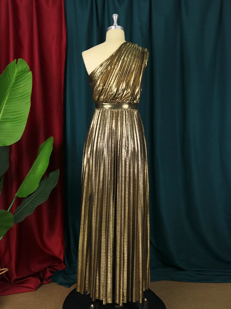 Elegant Women Even Dresses Luxury Maxi Long Metallic Pleated