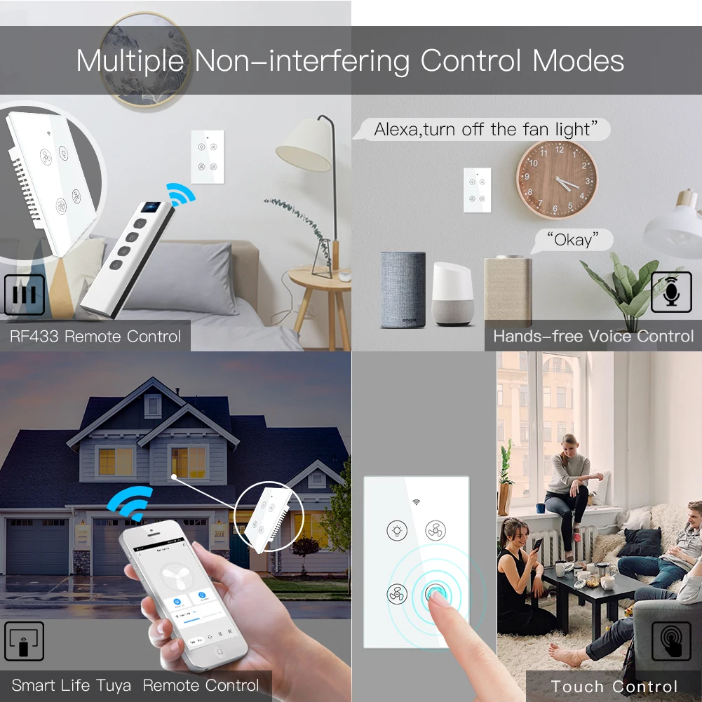 Smart Switch WiFi RF Smart Ceiling Fan Light 2/3 Way Control Smart Life/Tuya APP RF Remote Speed Control Alexa Google Home Compatible