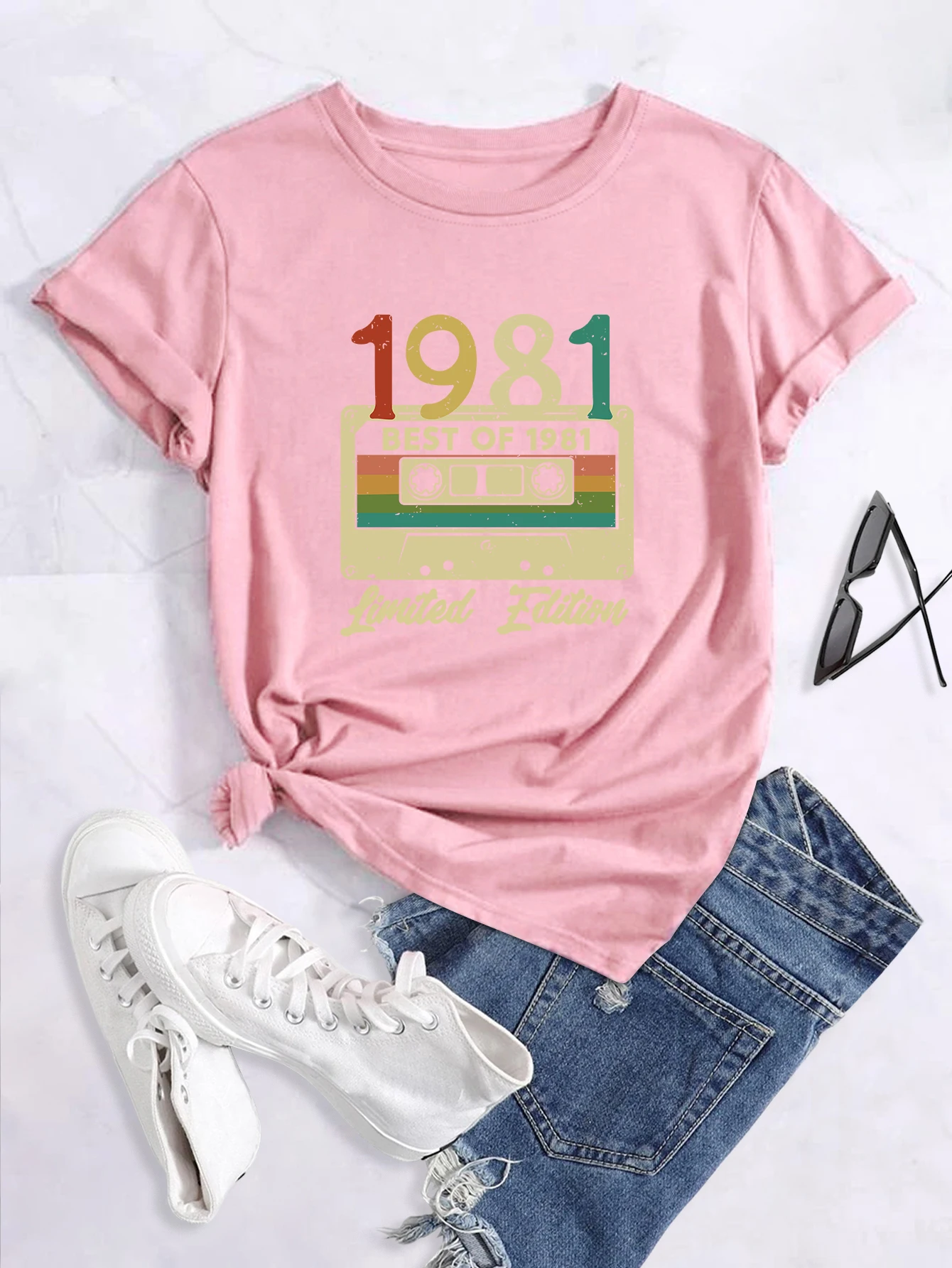 „Geriausi 1981 m. riboto leidimo“ spausdinti marškinėliai apvalia kaklo iškirpte, laisvi laisvi trumpomis rankovėmis, madingi vasariniai marškinėliai, viršutiniai drabužiai, moterims_voghion.com