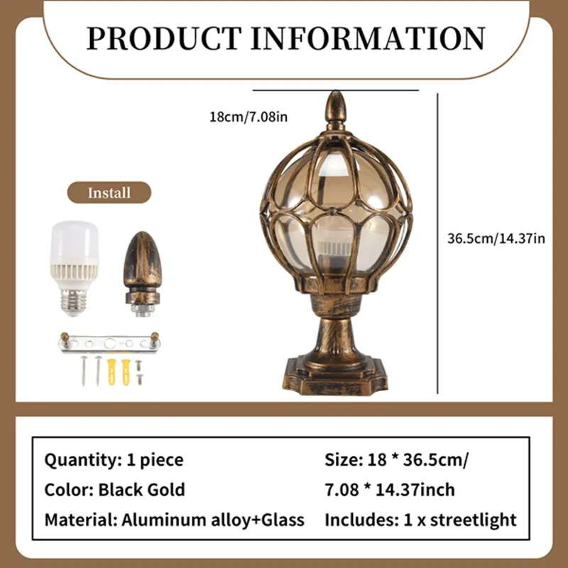 A78Z-1Pcs Outdoor Pillar Lamp Globe Glass Shade Door Post Lamp Waterproof Antique Lighting Rainproof Pillar Light