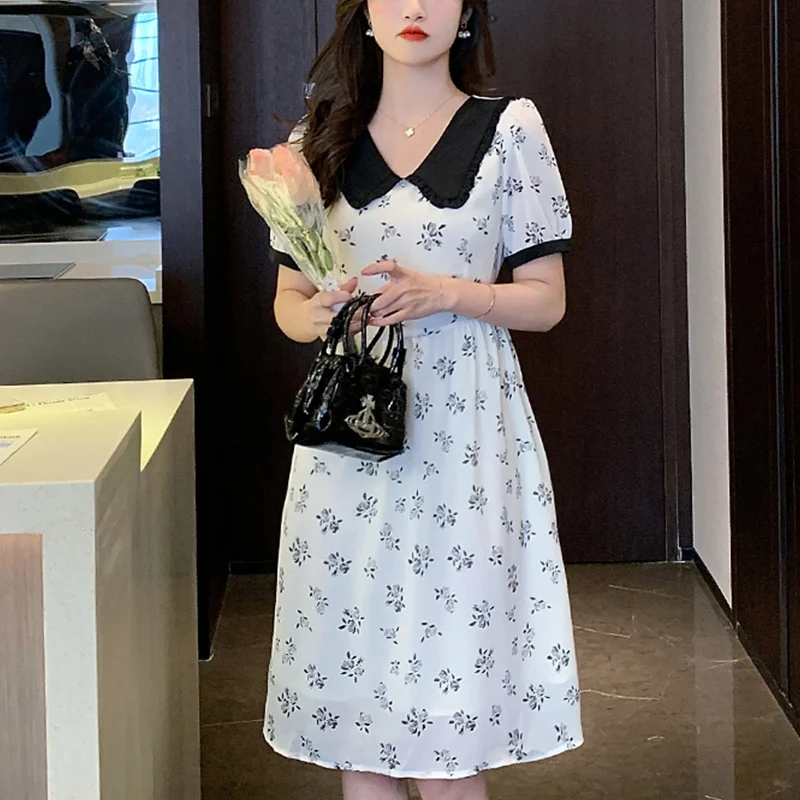 

Summer New Doll Collar Sweet Floral Printing Casual Dress Female Elegant Fashion Short Sleeve A-line Vestidos Women Chiffon Robe