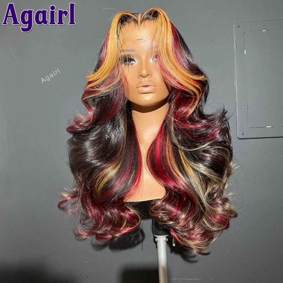 Peruca frontal de renda sem cola para mulheres, perucas de cabelo humano pré-arrancadas, vermelho destaque, loiro colorido, 200%, fechamento de renda 6x4