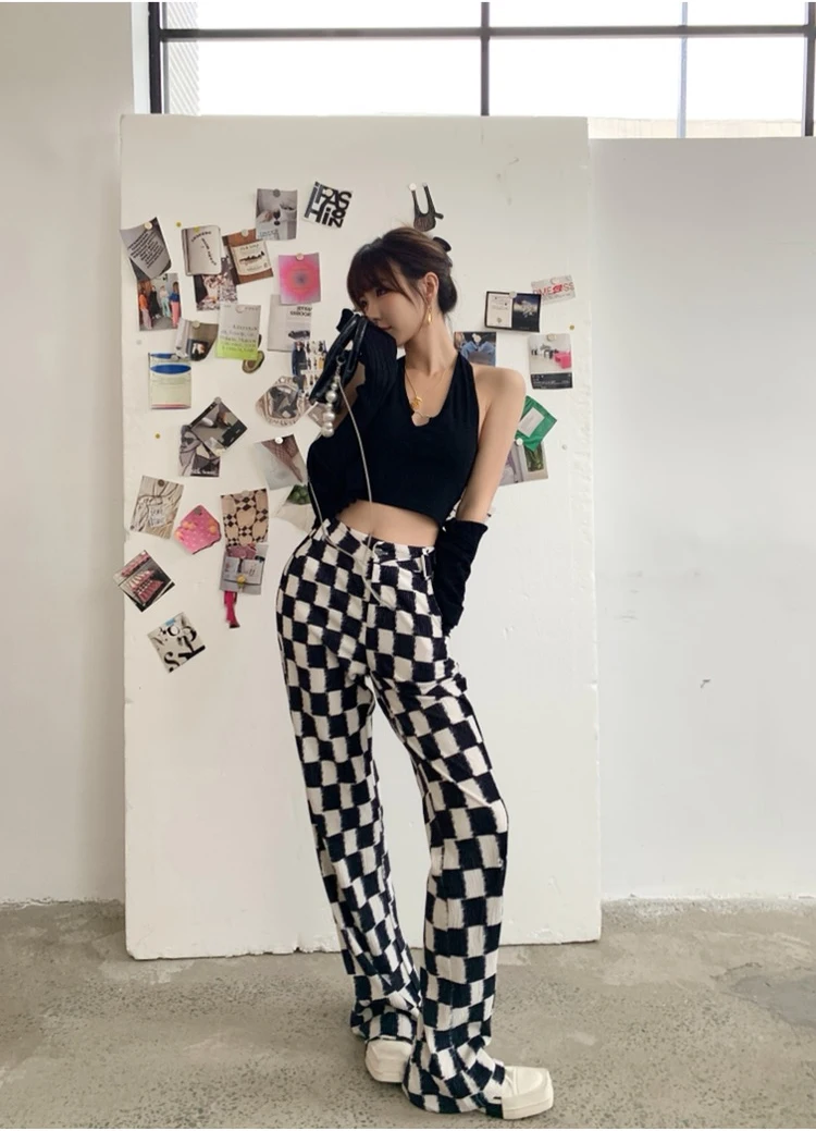 trousers for women 2022 spring new retro checkerboard casual pants women's high waist slim micro flared pants mopping pants tide dickies 874