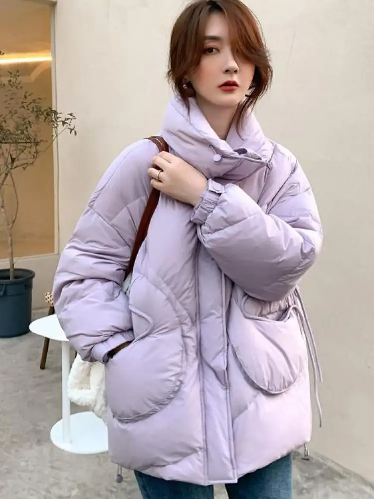

Winter Down Puffer Coat Women Stand Collar Short 90% White Duck Down Jacket Warm Korean Loose Pocket Bread Overcoat