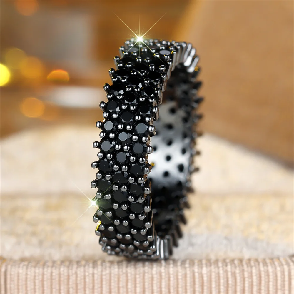 Dreireihige kleine runde Stein-Ringe mit schwarzem Zirkon für Frauen, Vintage-Verlobungsring aus schwarzem Metall, Hochzeitsschmuck, Braut- und Geburtstagsgeschenk