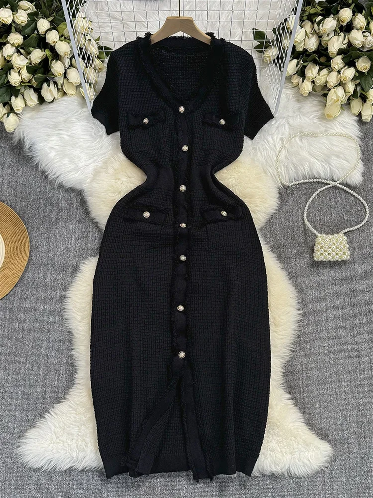 Wmstar Women Dresses Wholesale Summer Short Sleeved, Waist Cinching V-neck Knitted Dress Women's Volleyball Button Elegant Dress