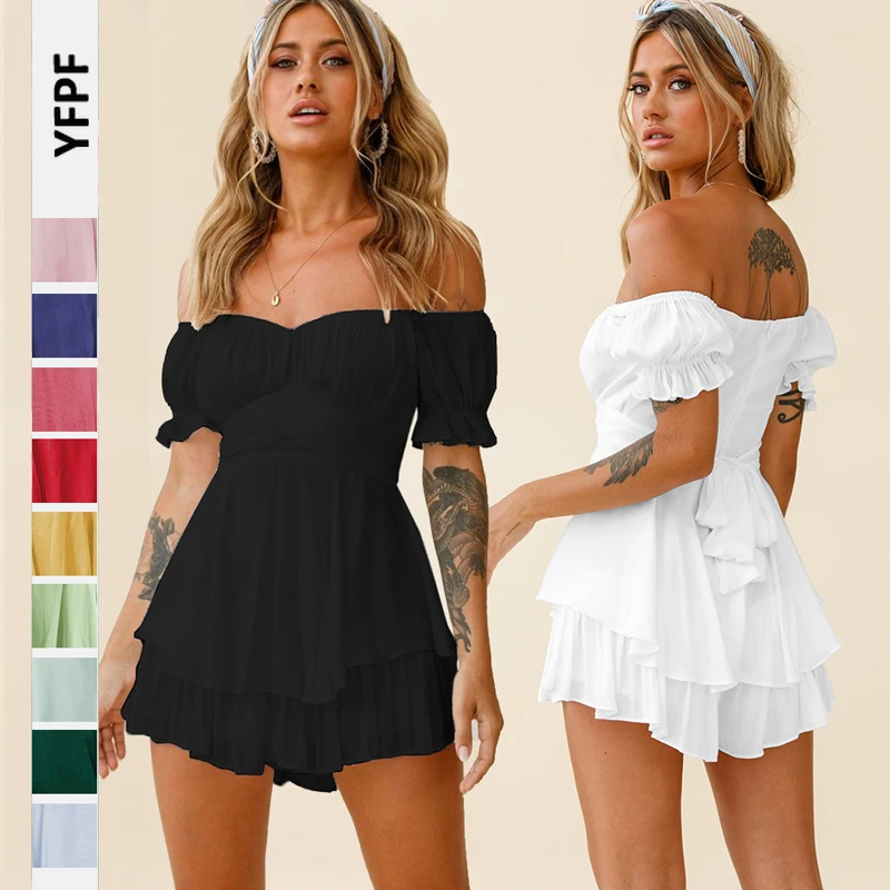 

Summer Fashion Holiday Solid Color Off Shoulder Knotted Puff Sleeve Skinny Shorts Skorts Fairy Casual One Piece Women Romper