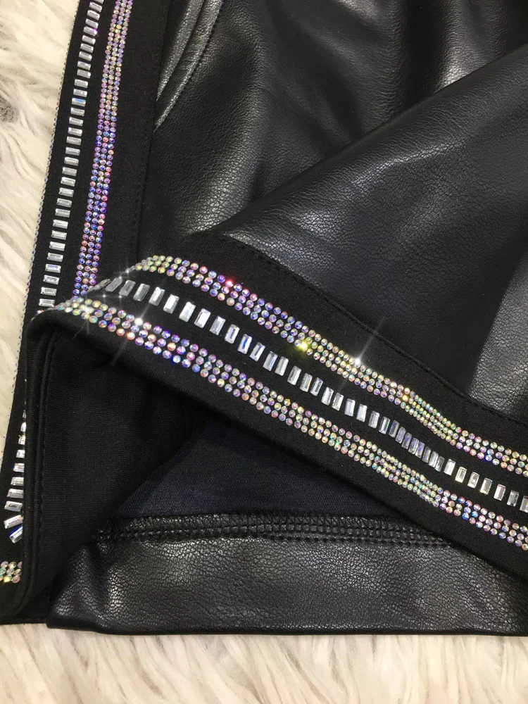 High Quality Hot Drilling Women Wide Leg Shorts Autumn Winter Elastic High Waist PU Leather Shorts Black Out Wearing Boot Shorts