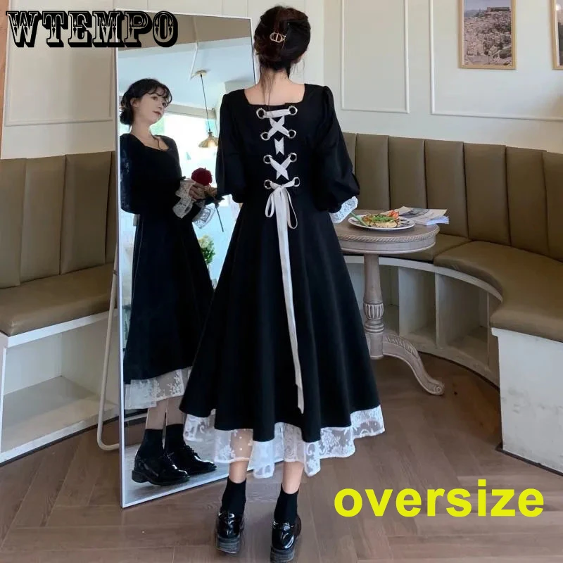 

WTEMPO Dresses Women Long Sleeve Causal Vintage Ulzzang Party Square Collar Elegant Mujer De Moda Cozy Spring Clothing Bandage