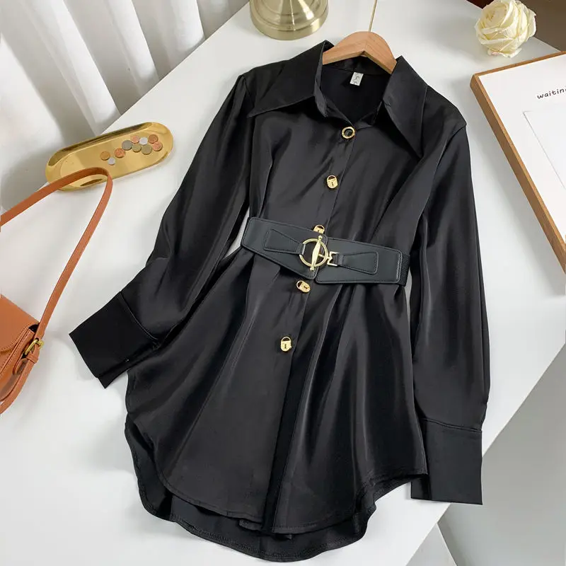 Lace up waist cinched dress for autumn women's haute couture long sleeved white shirt skirt  blouse women