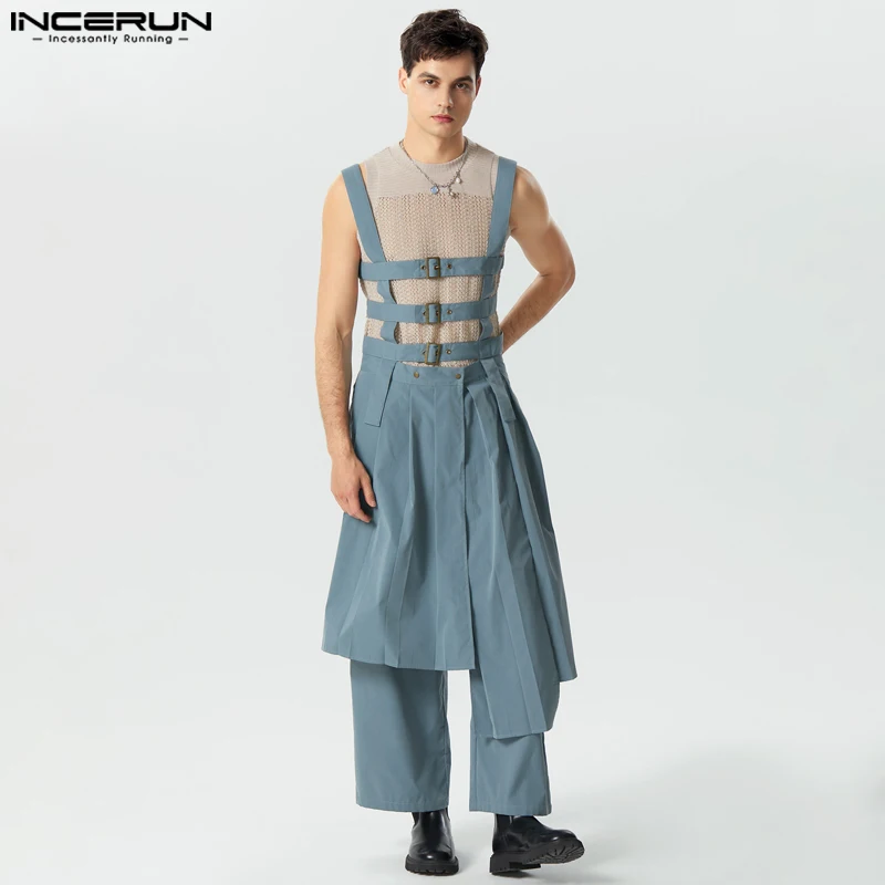 Denim Overalls Men Rompers Men Jumpsuits Solid Sleeveless Pleated Personality Skirts Trousers Streetwear Male Irregular Rompers Overalls S-5XL INCERUN
