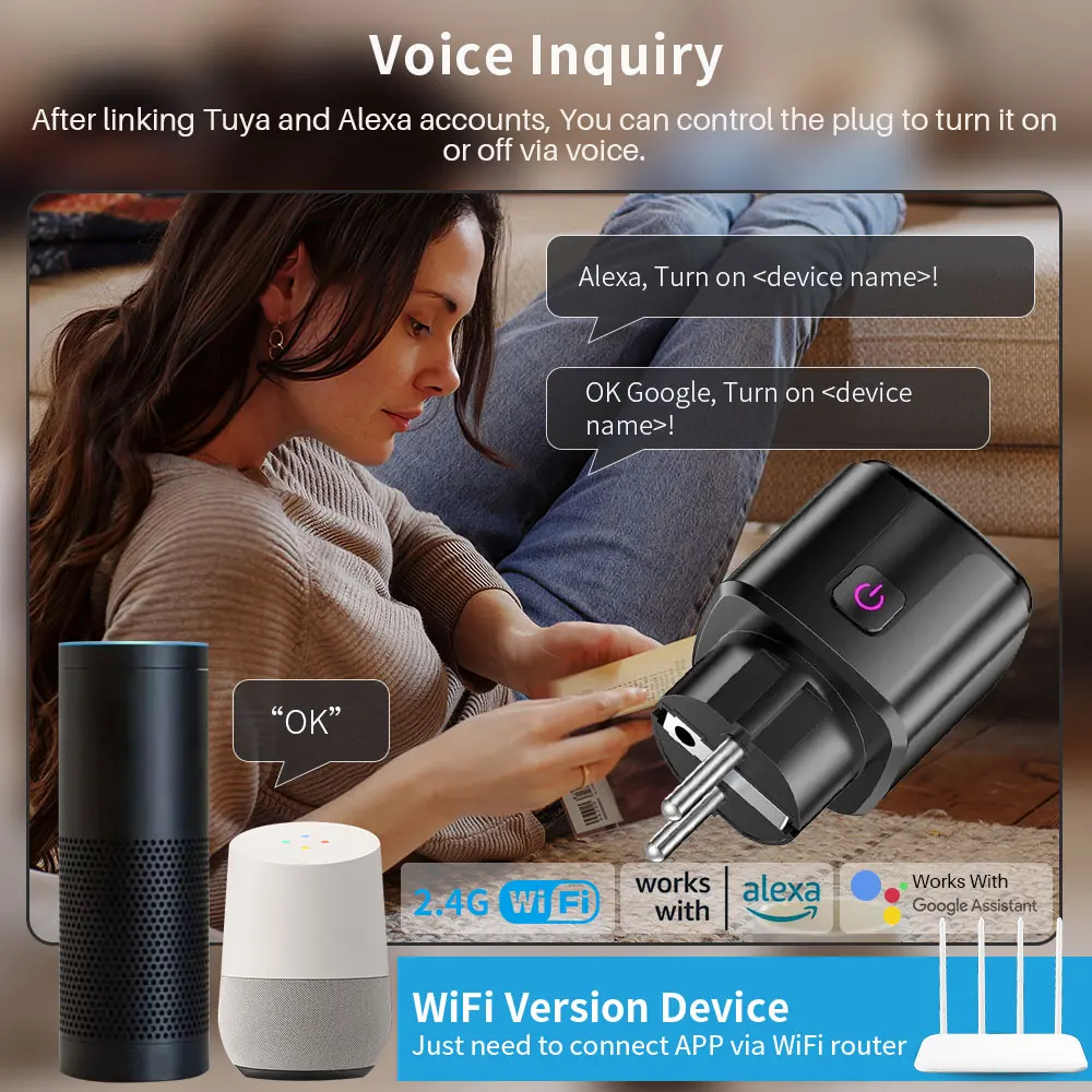 Tuya WiFi Smart Plug Socket With Timing/Countdown/Power Monitoring Function, Sup