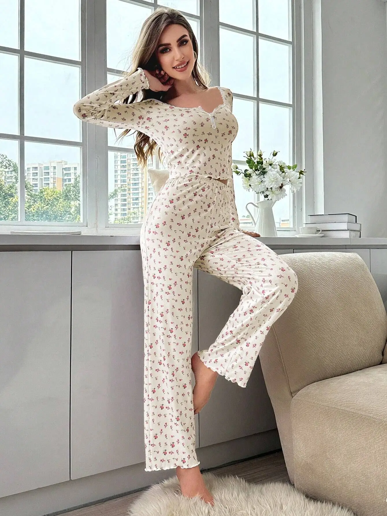Floral Sleepwear Set - Womens Long Pant Pajamas with Lettuce Trim
