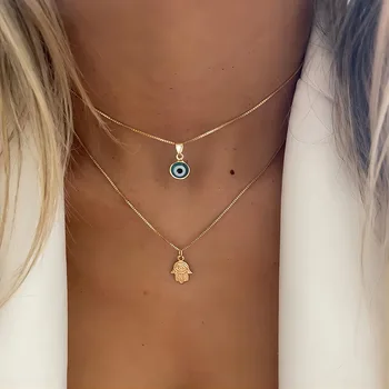 Turkish Lucky Double Layer Palm Evil Eyes Pendant Necklace for Women Micro Paved Rhinestone Eye Clavicle Chains Jewelry Gift 1