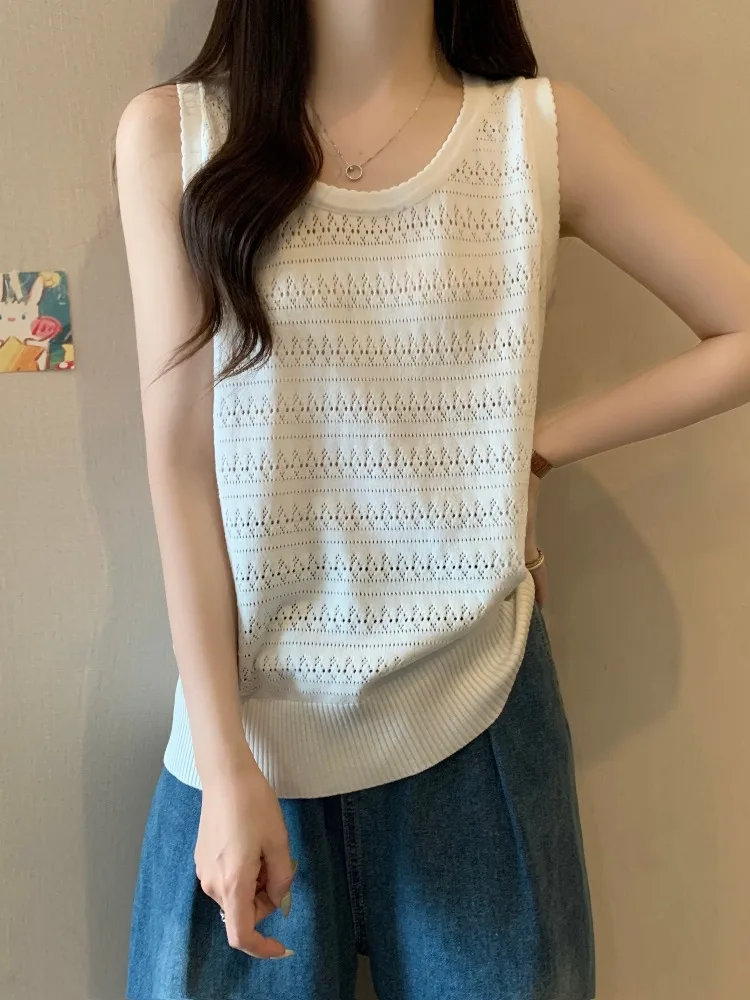 

Hollow Out Women Flower Printed Sweater Vest Sleeveless O-Neck Loose Pullover Vest Casual Office Knit Vest Women 2024 Summer W02