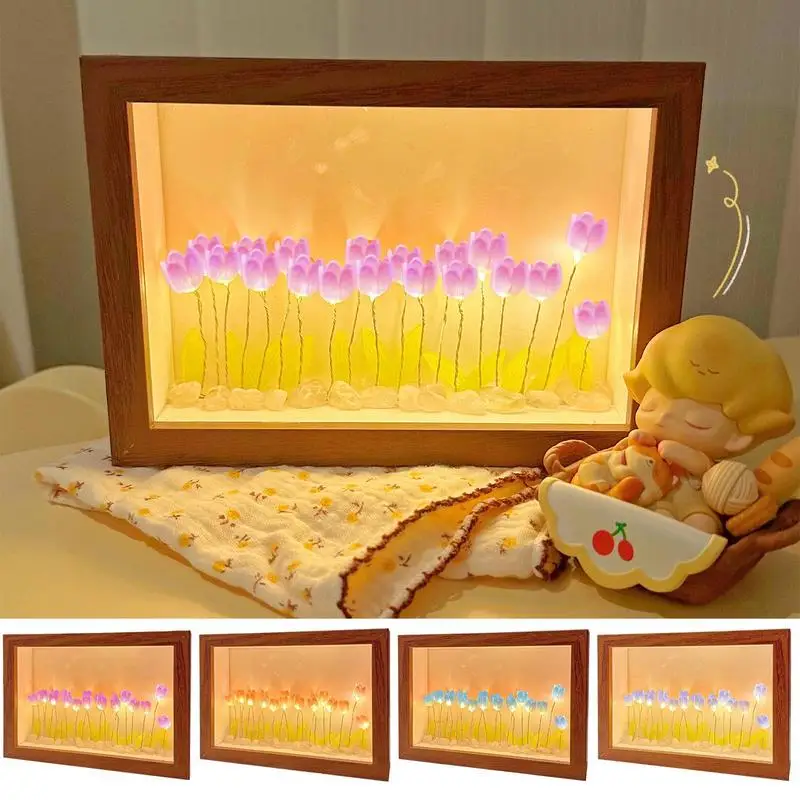 

Фоторамка TulipFlower Night светильник 2 в 1, зеркальная фоторамка с цветочным рисунком, ручная работа, декоративная настольная лампа