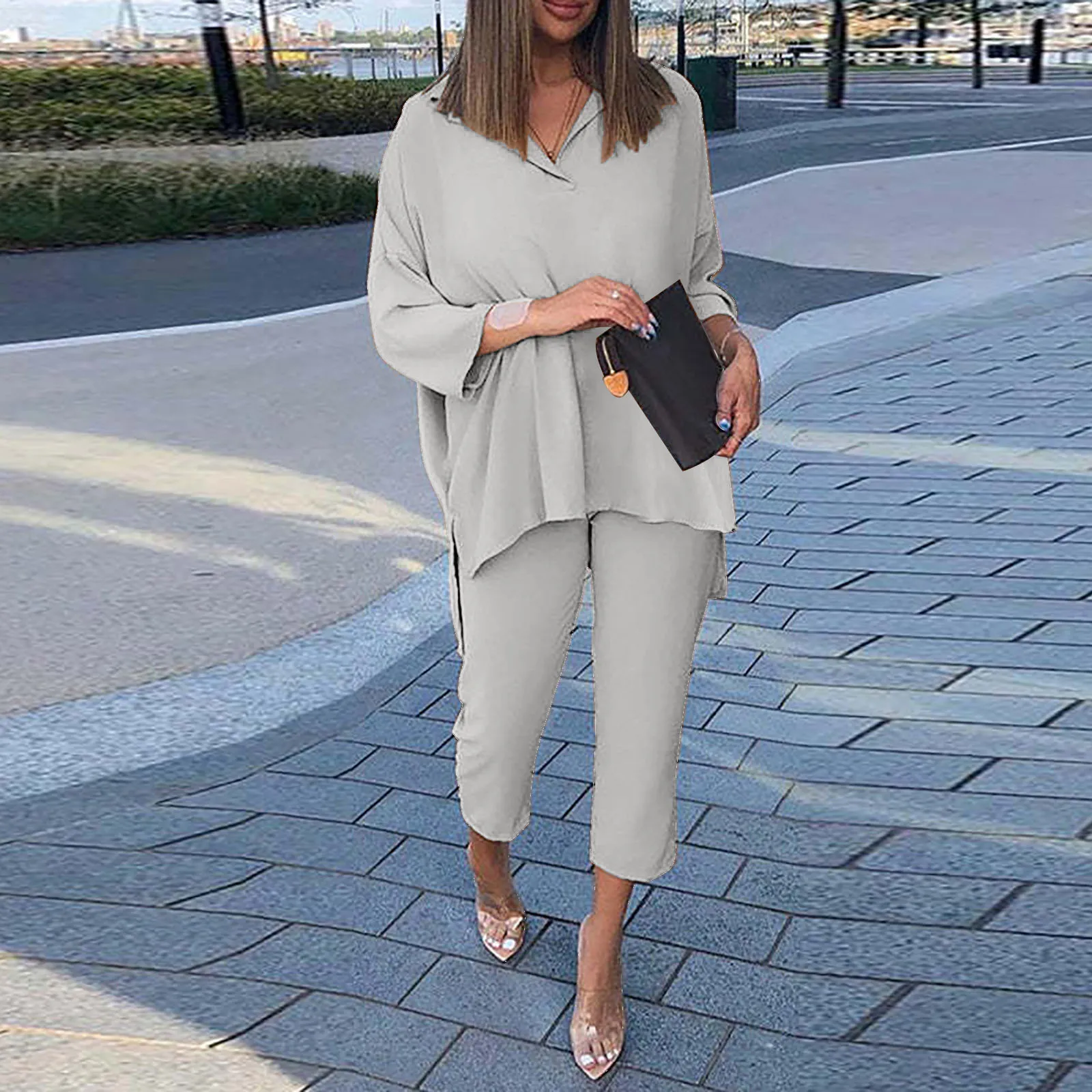 

Women Spring Autumn Casual Two Piece Suit Comfortable Solid Color V Neck Three Quarter Sleeved Top Loose Calf Length Pants Suit