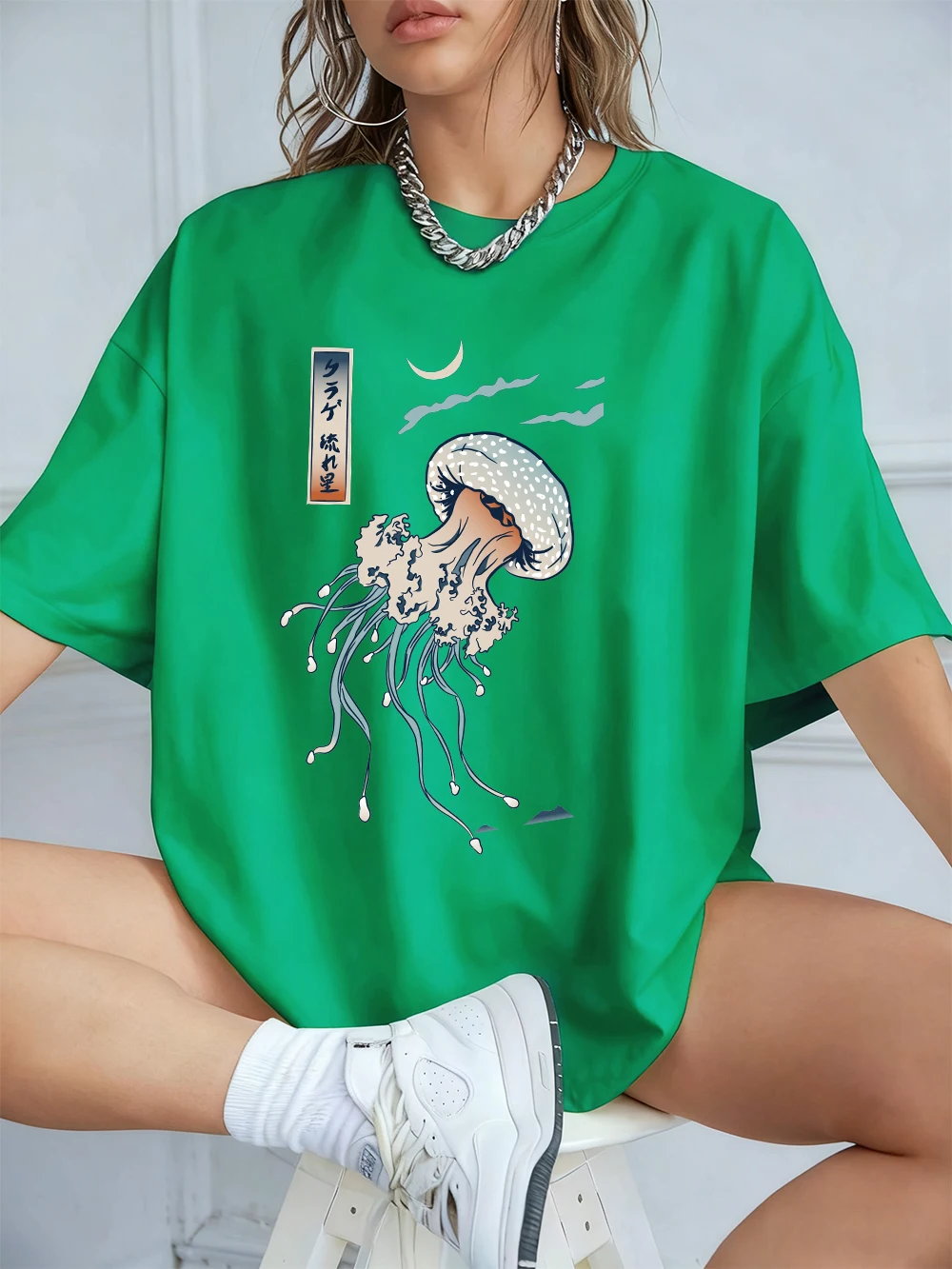 Harajuku Jellyfish Print Women's Cotton Tee - Soft, Loose-Fit Summer Top