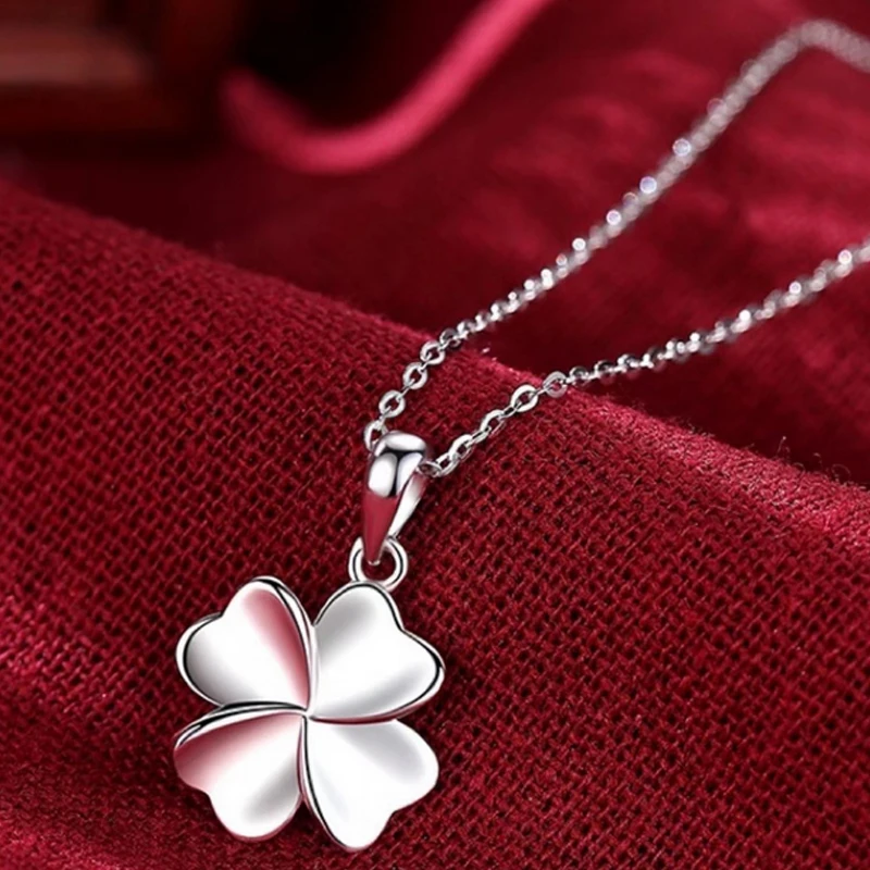 

999 Sterling Silver Four Leaf Clover Charm Necklace Ladies Silver Lucky Clover Pendant Necklaces for Mother Woman Jewelry Gift