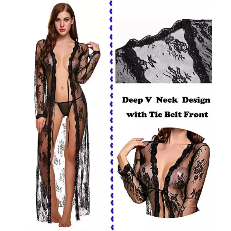 Tornova Sexy Lace Mesh Transparent Robe Nightgown Women See-Through Lace Printing Deep V-Neck Home Ultrathin Nightgown women sleepwear sleepwear pajamas