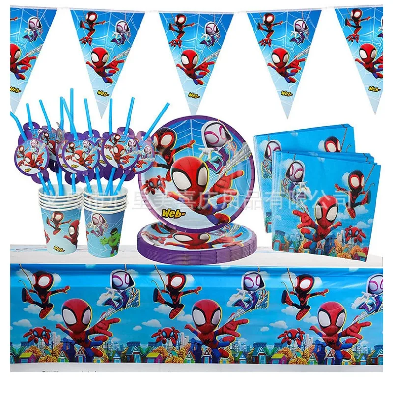 

Marvel Avengers Spider Man Themed Party Flag Pulling Paper Cups Tablecloths Tissues Plates Decoration Birthday Party Set Gift