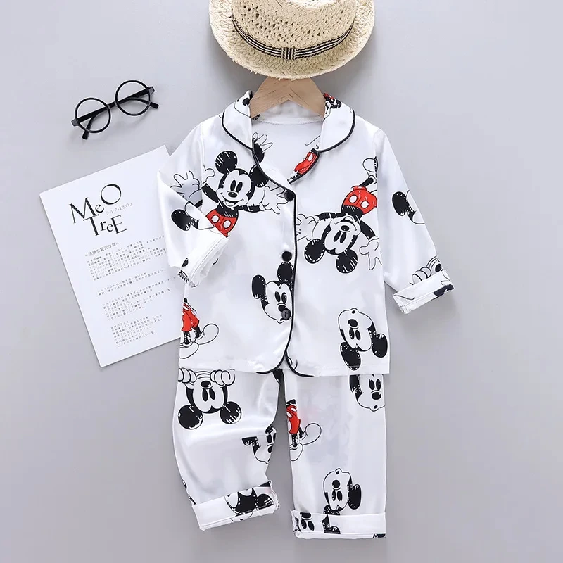 Kids Pajamas Set Disney Mickey Mouse 2Pcs Silk Satin Long Sleeve Top Trousers Baby Boys Girls Cartoon