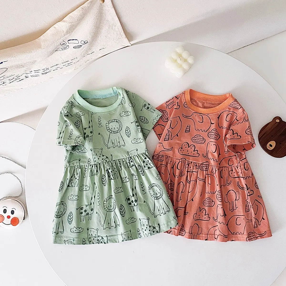 Summer Arrival Baby Girls Short Sleeves Plaid and Animals Pattern Dress main image 1