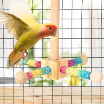 Wooden Bird Perch Toy with Bearing Parrot Rotating Windmill Toy Wear Resist Bird Sisal Climbing Stick for Bird Cage Accessories