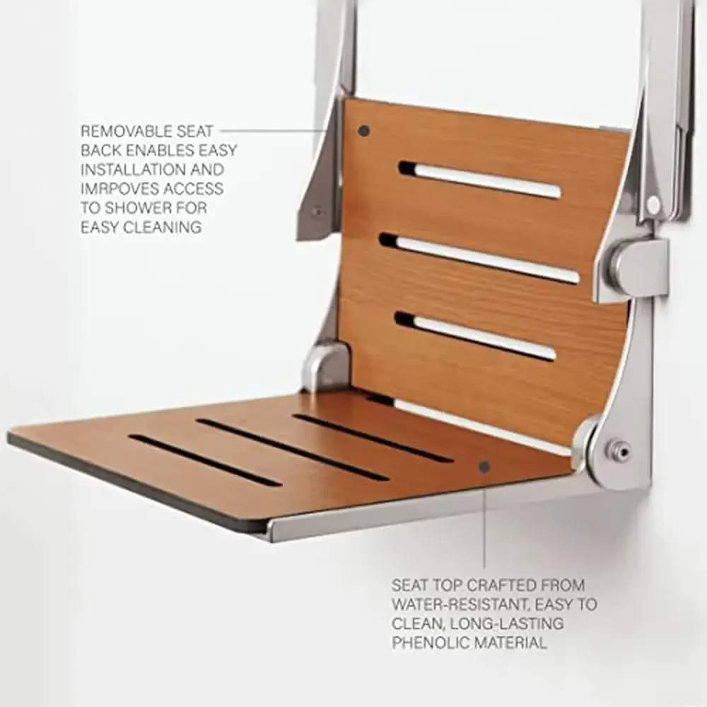 Folding Shower Bench Seat Teak Silver Frame Arms 400lb Capacity ADA Compliant Created USA 5