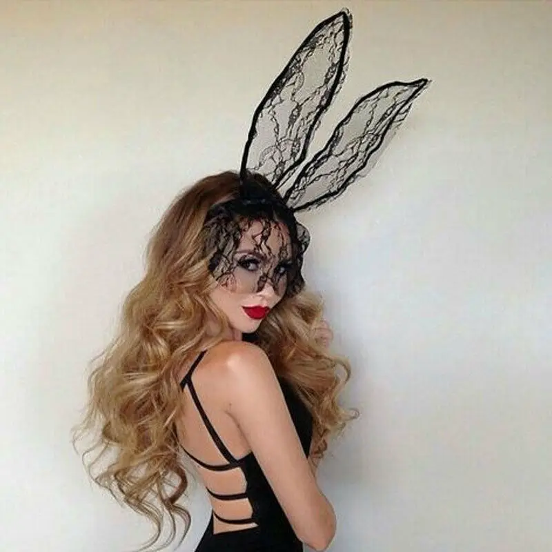 

Fashion Women Girl Lace Rabbit Bunny Ears Veil Black Eye Mask Halloween Party Headwear Hair Accessories Sexy Mystery Mask