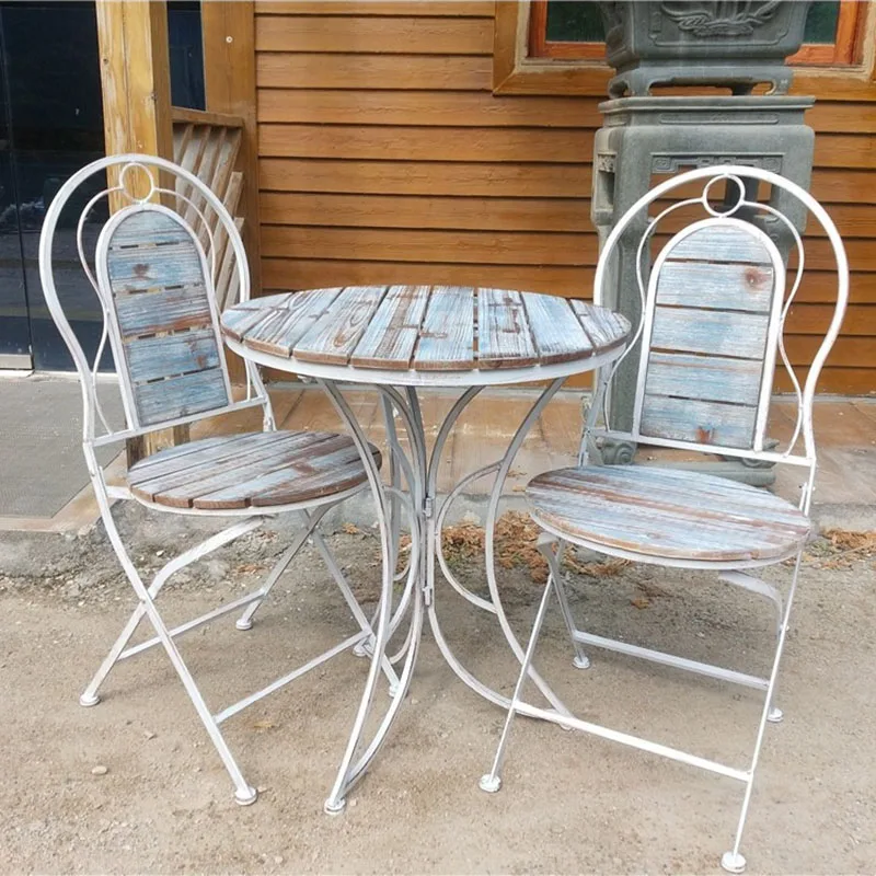 Outdoor Table Chairs Patio Furniture Outdoor Solid Wood Iron Courtyard Leisure Garden Terrace Luxury Folding Party Table and Chair Three-Piece Set