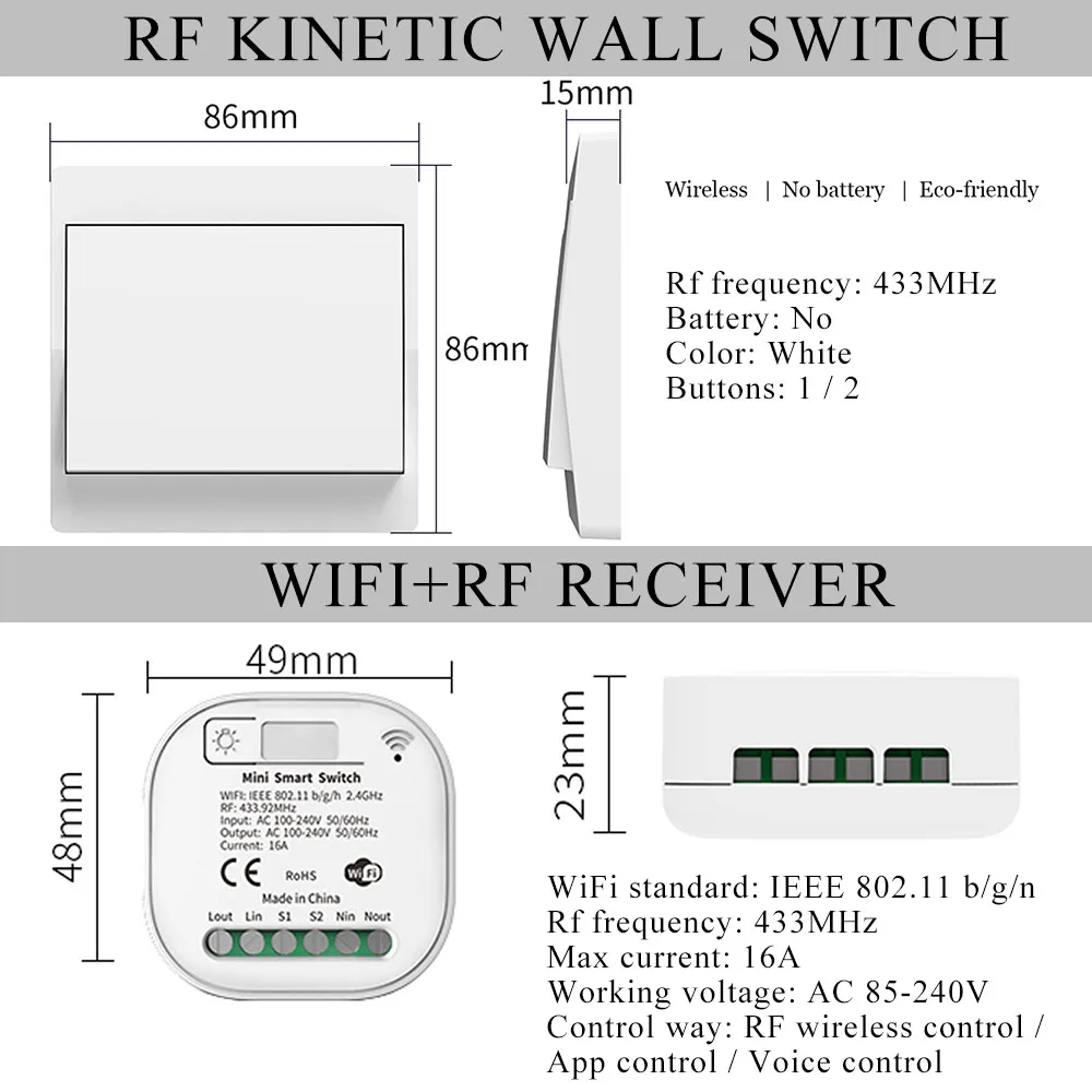 Tuya Smart WiFi and Rf Light Switch 433MHz Kinetic Wall Switch No Battery  Need Wireless Remote Control Timing 220V 16A for Alexa