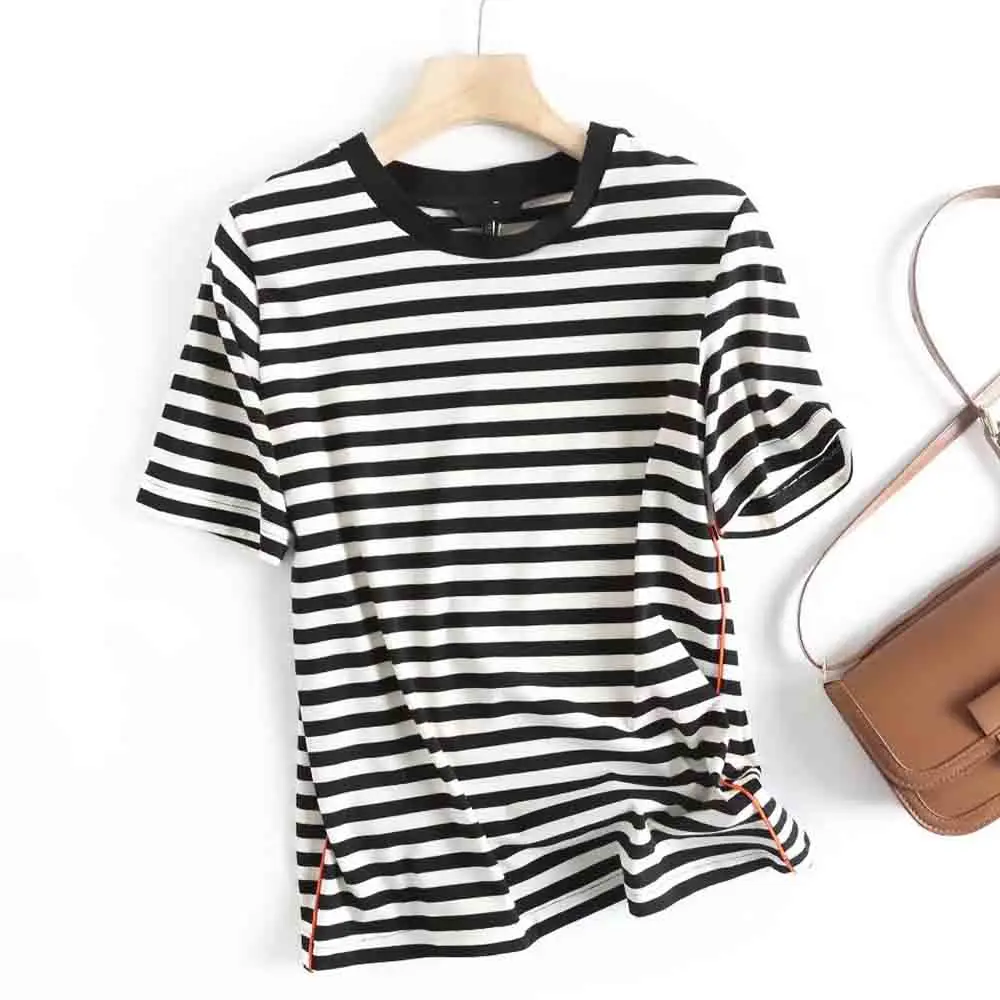 

Women 2023 New Fashion Summer Contrast Striped Short-sleeved T-shirt Retro O-neck All-match Casual Chic Female Tee Shirt Tops